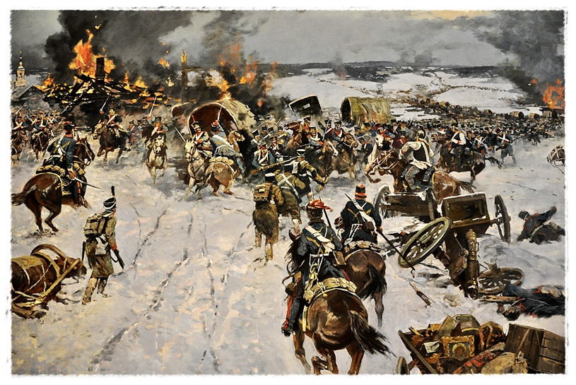 Trong cuộc rút quân này, Đại quân Napoleon vừa khốn khổ vì cái đói và giá rét, vừa phải chiến đấu với lực lượng Nga truy đuổi cùng những hầm chông nguy hiểm trên đường.