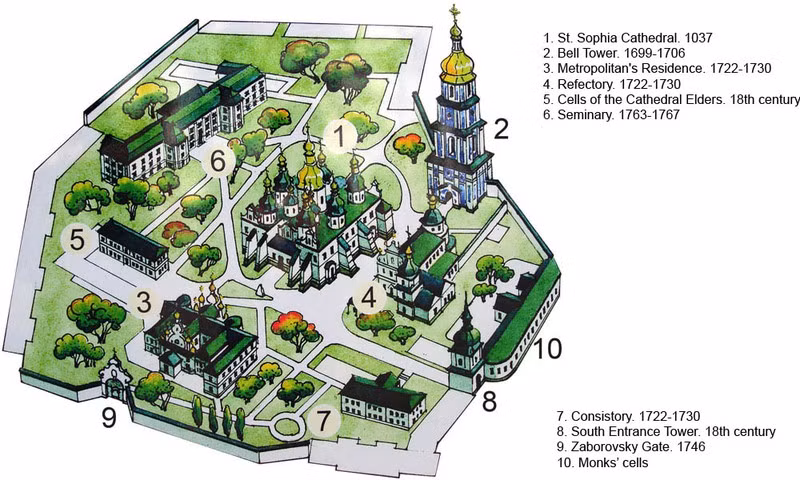Xung quanh nhà thờ Thánh Sophia là nhiều công trình khác như tháp chuông, nhà ăn, nhà của các trưởng lão, tu sĩ…