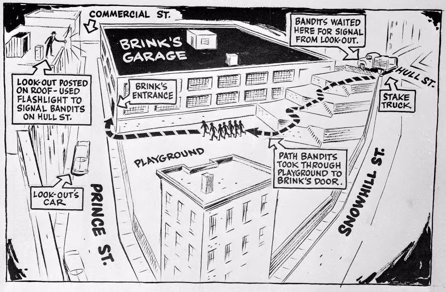 Vào ngày đã định, những tên cướp mặc áo khoác màu xanh hải quân và đội mũ lưỡi trai tài xế – giống đồng phục của nhân viên bảo vệ – cùng mặt nạ cao su, đã lẻn vào kho chứa với chìa khóa sao chép và trói nhiều người.