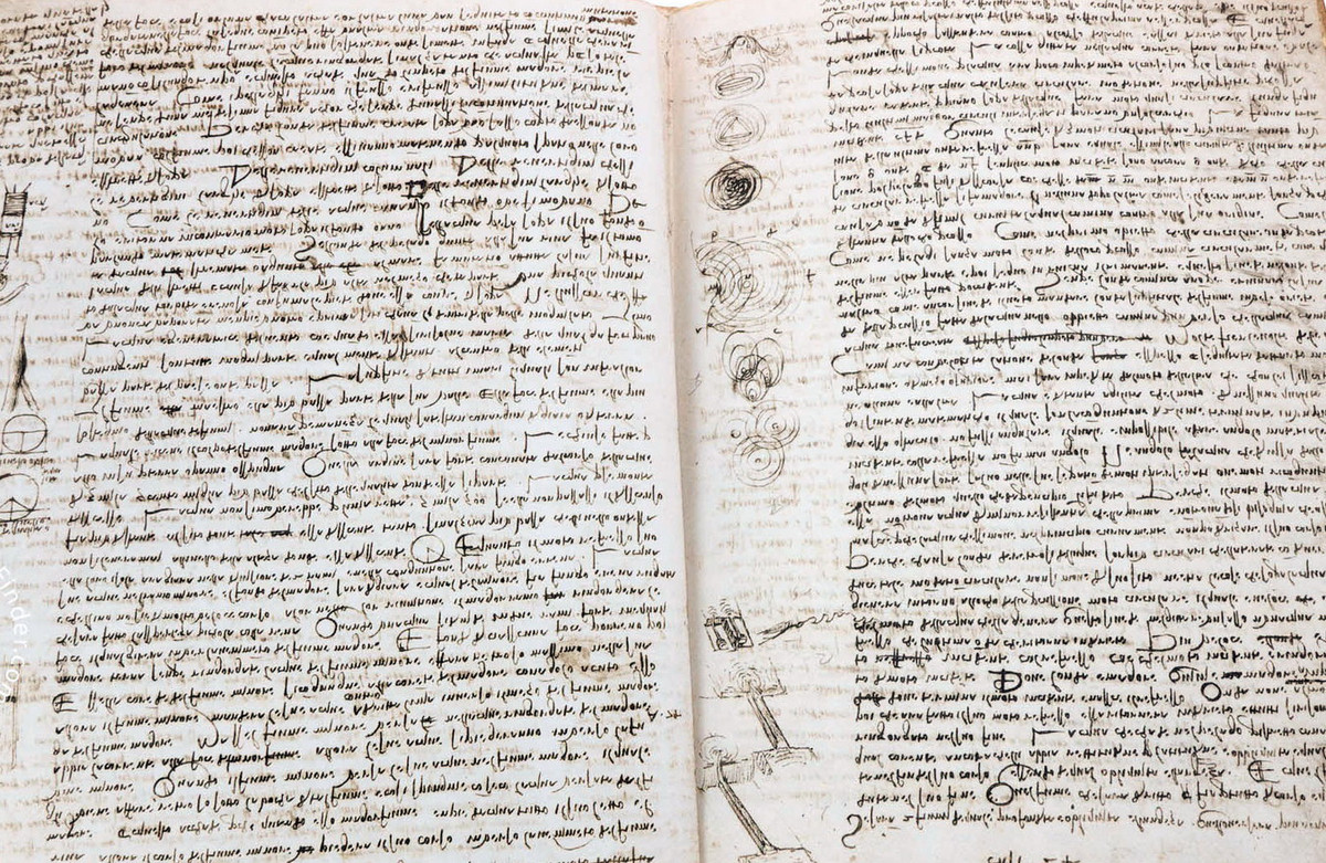 Trong Leicester Codex, các ghi chú, được viết bằng mực nâu và phấn, được đọc từ phải sang trái, là một ví dụ về kỹ thuật viết ngược mà da Vinci ưa chuộng.