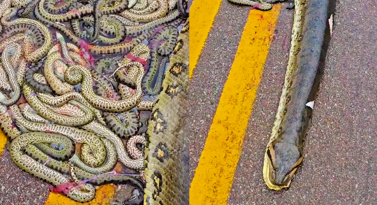 Dựa vào hình dáng, có thể nhận ra đây là một con trăn Anaconda, vốn rất nổi tiếng và phổ biến ở khu vực rừng Amazon. Con trăn mẹ trong video này có kích thước ước đạt đến 5 m.