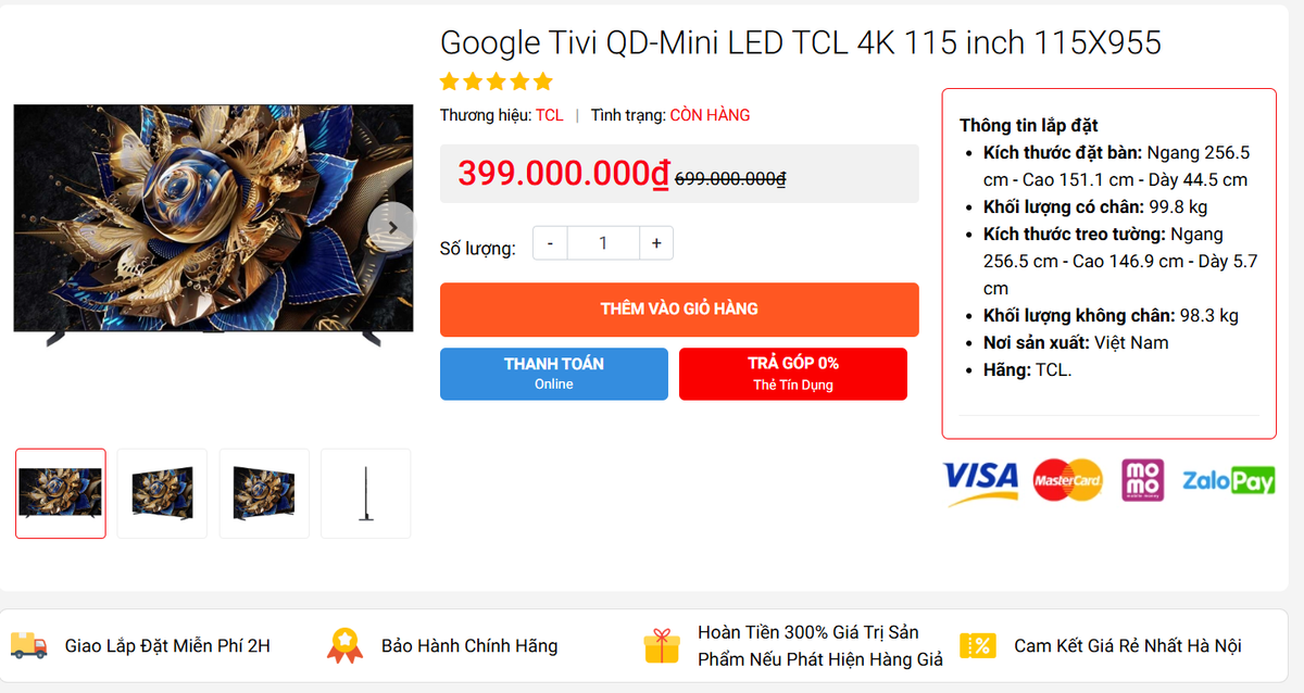 Khác với những thị trường khác, tại thị trường Việt Nam, người dùng có thể mua chiếc TV lớn nhất thế giới này với mức giá trên dưới 400 triệu đồng. Quá rẻ cho một chiếc ti vi đạt danh hiệu ti vi tốt nhất của Hiệp hội hình ảnh và âm thanh chuyên gia (EISA). Ảnh chụp màn hình