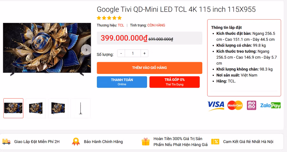 Khác với những thị trường khác, tại thị trường Việt Nam, người dùng có thể mua chiếc TV lớn nhất thế giới này với mức giá trên dưới 400 triệu đồng. Quá rẻ cho một chiếc ti vi đạt danh hiệu ti vi tốt nhất của Hiệp hội hình ảnh và âm thanh chuyên gia (EISA). Ảnh chụp màn hình