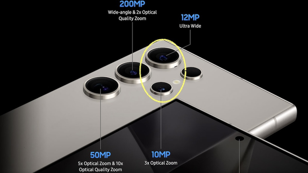 Trên bản Ultra, Camera siêu rộng 50MP, gấp 4 lần độ phân giải so với thế hệ trước. Bộ camera còn lại vẫn giữ nguyên cấu hình quen thuộc: camera chính 200MP, telephoto kép (10MP zoom quang 3x và 50MP zoom quang 5x), cùng camera selfie 12MP. Ảnh: Live Unpacked