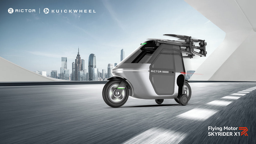 Skyrider X1 là sự kết hợp độc đáo giữa xe máy điện và drone, sở hữu 2 bánh xe để di chuyển trên đường và 8 cánh quạt cho phép bay lượn trên không trung.