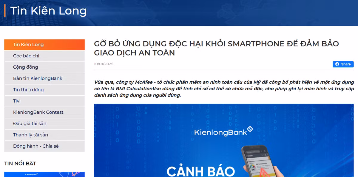 Ngân hàng Kiên Long cũng vừa đưa ra cảnh báo về ứng dụng này. Hiện nó đã bị gỡ khỏi các cửa hàng ứng dụng nhưng có rất nhiều người đã tải xuống và các chợ ứng dụng không chính chủ vẫn còn. Ảnh chụp màn hình