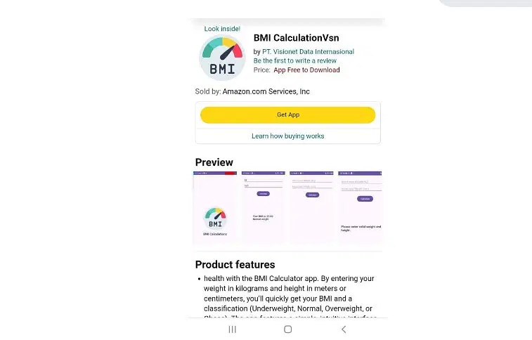 BMI Calculation Vsn là ứng dụng được phát hành trên Google Play Store lẫn App Store. Cả hai nền tảng ghi nhận đã được phát hành từ ngày 12/9/2024 nhưng chỉ mới được McAfee bóc mẽ mới đây. Ảnh chụp màn hình