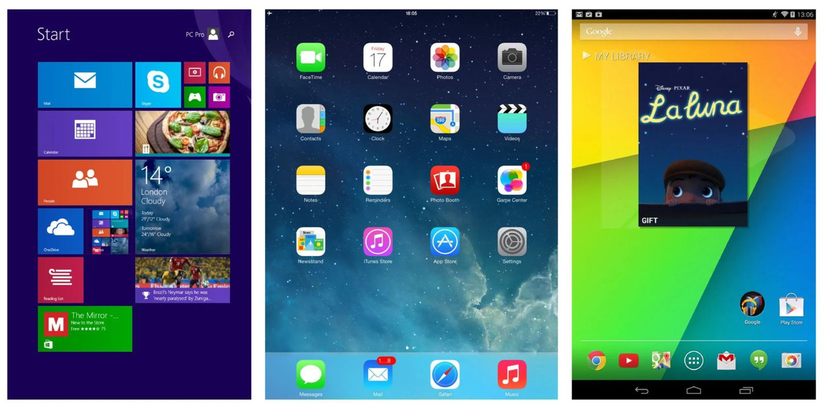 Hệ điều hành là yếu tố cần xem xét ngay sau khi xác định mục đích sử dụng. Hai yếu tố này cũng liên quan hết sức mật thiết bởi ảnh hưởng đến chức năng và khả năng tương thích của tablet. Hiện nay, có ba dòng hệ điều hành chính lần lượt từ trái qua là Windows, iPadOS và Android.