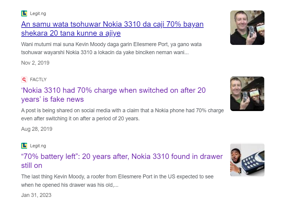Khi tìm kiếm tin tức trên Google, người ta thấy rằng cùng một tin tức, với những tuyên bố tương tự, cũng được một số hãng thông tấn có uy tín đăng tải như: Legit.ng, Factly News18 Hindi, Dainik Bhaskar hay Navbharat Times. Hầu hết trong số đó đăng tải năm 2019, có một số lặp lại vào đầu năm 2023. Ảnh chụp màn hình