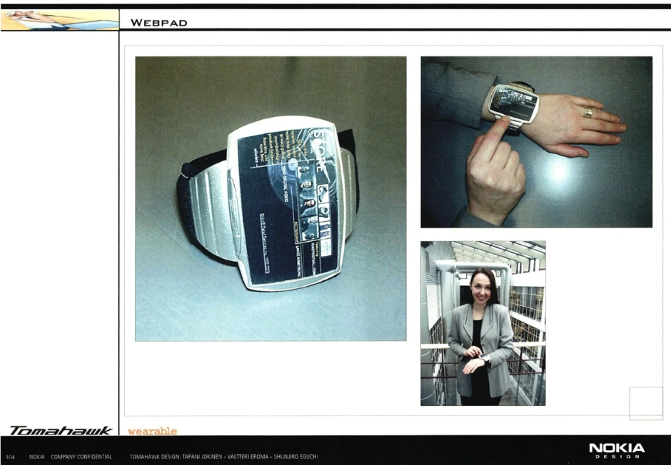 Những ý tưởng khác như thiết bị đeo Webpad (ảnh) trở thành nguyên mẫu để thử nghiệm thực tế. “Các nguyên mẫu giúp mọi thứ dễ hiểu hơn rất nhiều”, Anna Valtonen, nhà nghiên cứu trưởng tại kho lưu trữ, cựu trưởng nhóm thiết kế của Nokia, chia sẻ.