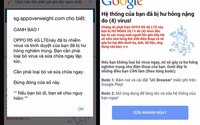 Cảnh báo máy nhiễm virus giả mạo: Ban đầu kỹ thuật này được dùng cho việc quảng cáo tải các ứng dụng mới ra mắt chưa có tên tuổi tăng số lượt người tải. Dần về sau, kẻ lừa đảo sử dụng nó để lừa nạn nhân tự tải về và cài đặt một phần mềm chứa mã độc được chuẩn bị sẵn. Ảnh: Tuệ Minh