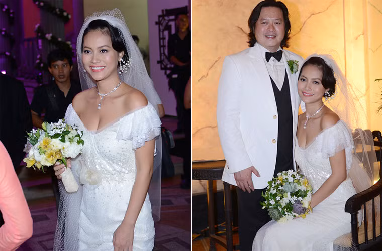 Mặc dù chiếc váy khiến Hải Yến già hơn tuổi nhưng lại rất phù hợp với bữa dạ tiệc ngoài trời và xứng đôi vừa lứa hơn với vị hôn phu cao tuổi.