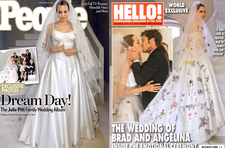 Hình ảnh cô dâu mặc váy cưới hiệu Atelier Versace với chân váy và voan cài đầu được trang trí bằng rất nhiều hình vẽ của 6 đứa con.