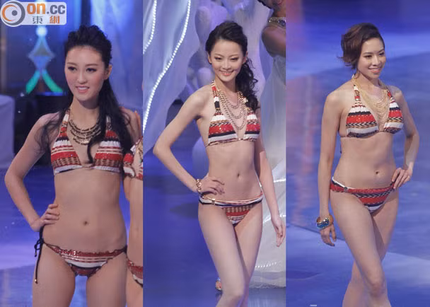 Từ trái qua: phần thi trang phục bikini của Á hậu 2, Á hậu 1 và Hoa hậu Hong Kong 2014.