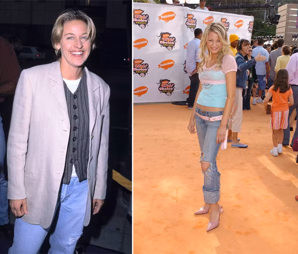 Ellen DeGeneres trẻ trung với áo vest, quần jeans rách trong một sự kiện năm 1994. Blake Lively, ngôi sao nổi tiếng Hollywood vì mặc đẹp mà không cần stylist, cũng có thời ăn mặc khó hiểu khi cô lần đầu được mời tới dự sự kiện năm 2005.