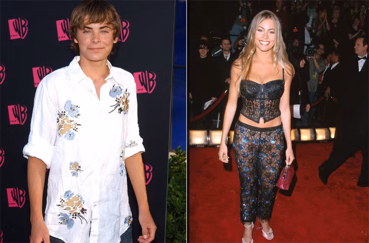 Zac Efron mặc áo sơ mi thêu hoa trên thảm đỏ năm 2004. Sofia Vergara biết cách khoe thân hình đồng hồ cát nhưng lại không được khen ngợi bởi bộ quần áo ren cô mặc lần đầu xuất hiện trên thảm đỏ Hollywood năm 2000.