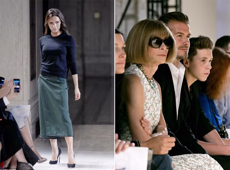 Nhà thiết kế 40 tuổi đi giày cao gót bước ra sàn catwalk chào khán giả trong buổi ra mắt bộ sưu tập giày bệt của mình trong khuôn khổ Tuần lễ Thời trang Mercedez-Benz Xuân/Hè 2015 ở New York. Chồng và con trai Brooklyn ngồi hàng ghế đầu xem bộ sưu tập của vợ.