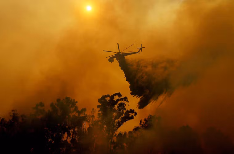 Trực thăng thả nước xuống đám cháy rừng ở Fallbrook, tiểu bang California.