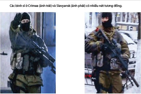 Các binh sĩ ở Crimea (ảnh trái) và Slavyansk (ảnh phải) có nhiều nét tương đồng bao gồm mặt nạ, đồng phục, găng tay và bao xe. Các binh sĩ ở Crimea (ảnh trái) và Slavyansk (ảnh phải) có nhiều nét tương đồng bao gồm mặt nạ, đồng phục, găng tay và bao xe.