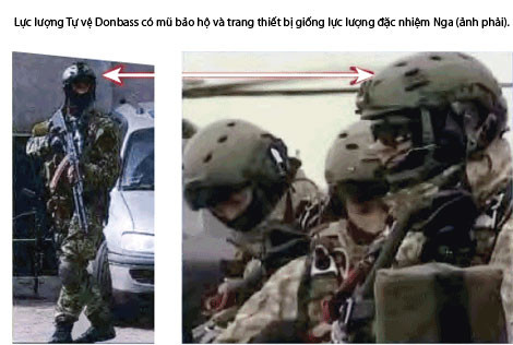 Binh sĩ Lực lượng Tự vệ Donbass (ảnh trái) có mũ bảo hộ và trang thiết bị giống lực lượng đặc nhiệm Nga (ảnh phải). Binh sĩ Lực lượng Tự vệ Donbass (ảnh trái) có mũ bảo hộ và trang thiết bị giống lực lượng đặc nhiệm Nga (ảnh phải).
