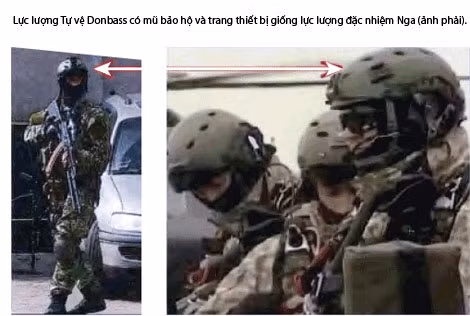 Binh sĩ Lực lượng Tự vệ Donbass (ảnh trái) có mũ bảo hộ và trang thiết bị giống lực lượng đặc nhiệm Nga (ảnh phải).