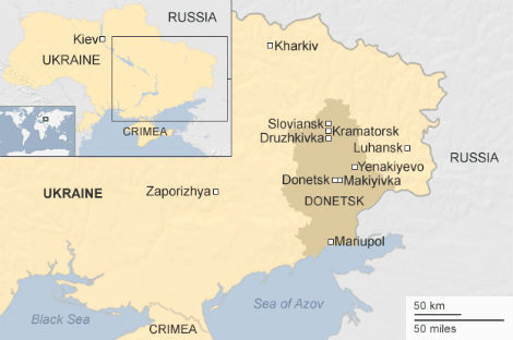 Các thành phố xuất hiện biểu tình ở Ukraine hình thành một đường ranh giới ngăn cách miền đông Ukraine với miền trung nước này.