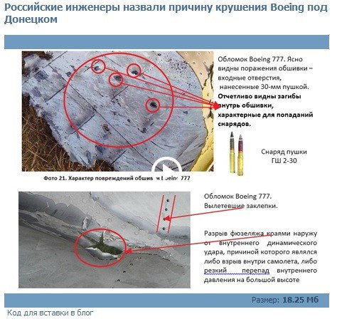 Mảnh xác MH17 thấy rõ 4 lỗ thủng, khá tròn với mép uốn vào trong cùng có thể là lỗ đạn 30 mm bắn vào, bên phải phía dưới có ảnh đạn pháo 30 mm loại GSh 2- 30.
