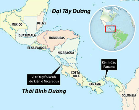 Vị trí dự kiến kênh đào Nicaragua.