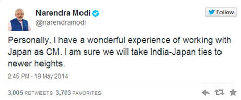 Thủ tướng Ấn Độ Narendra Modi phát biểu trên tài khoản Twitter cho biết sẽ nâng quan hệ Ấn Độ - Nhật lên tầm cao mới sau khi nhận được lời chúc mừng thẳng cử của Thủ tướng nhật Shinzo Abe.