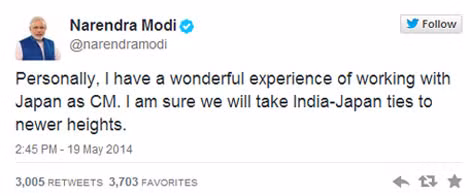 Thủ tướng Ấn Độ Narendra Modi phát biểu trên tài khoản Twitter cho biết sẽ nâng quan hệ Ấn Độ - Nhật lên tầm cao mới sau khi nhận được lời chúc mừng thẳng cử của Thủ tướng nhật Shinzo Abe.