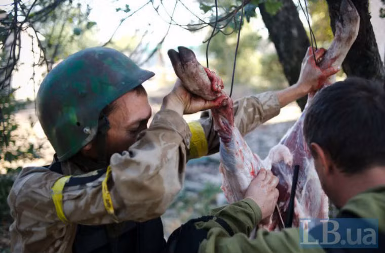 Các binh sĩ Ukraine tranh thủ xẻ thịt thú rừng săn được để cải thiện.