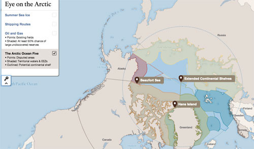 Sơ đồ lãnh thổ các quốc gia vùng Bắc Cực gồm Mỹ (đỏ), Canada (xám), Nga (xanh lá cây nhạt), Na Uy (xanh da trời) và Đan Mạch (xanh lá cây - xung quanh đảo Greenland).