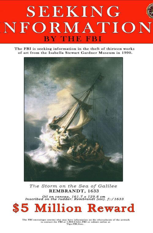 Tổng thiệt hại của vụ trộm lên đến 300 triệu USD. FBI treo giải 5 triệu USD cho ai cung cấp được thông tin về tác phẩm The Storm on the Sea of Galilee của danh họa Rembrandt.