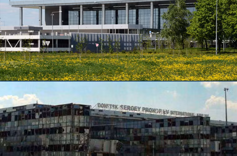 Sân bay Donetsk trước kia và hiện nay.