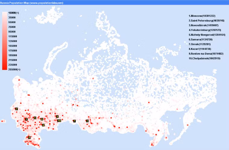 74% người Nga sống ở các thành phố - vốn nằm chủ yếu ở phía tây nam đất nước.