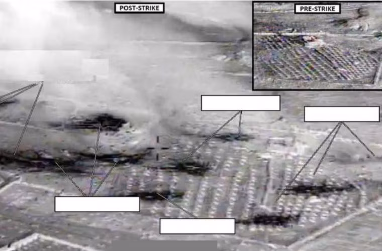 Khu vực được Mỹ cho rằng là nơi tập trung xe cơ giới của IS trước và sau khi bị tấn công.