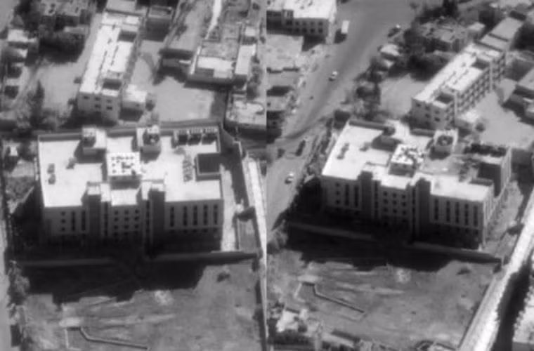 Một trung tâm tài chính của tổ chức Nhà nước Hồi giáo ở Syria trước (ảnh bên trái) và sau khi bị Tomahawk tấn công.