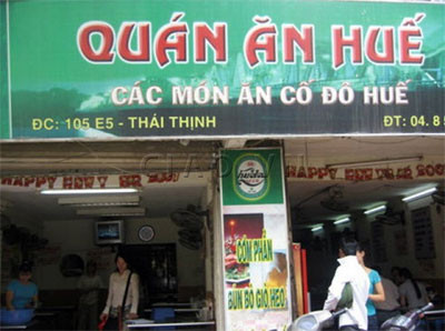 Quán ăn Huế, 105 E5 Thái Thịnh phụng vụ nhiều món ăn đậm chất Huế hơn cả như cơm âm phủ, cơm rang hến, cơm thịt kho... Quán bình dân và giá cả bình dân.