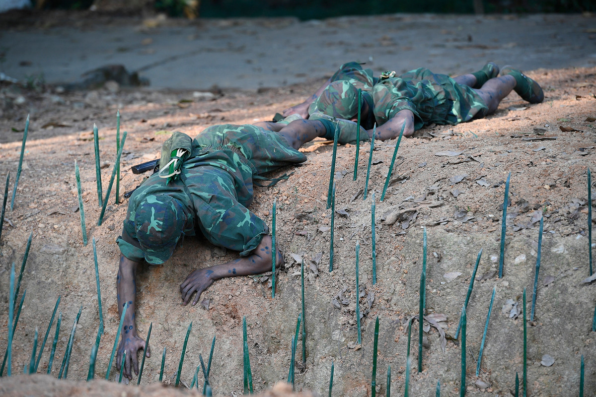 Các chiến sĩ đặc công thuộc Lữ đoàn Đặc công bộ 113 thực hiện bài tập vượt bãi chông trên thực địa.