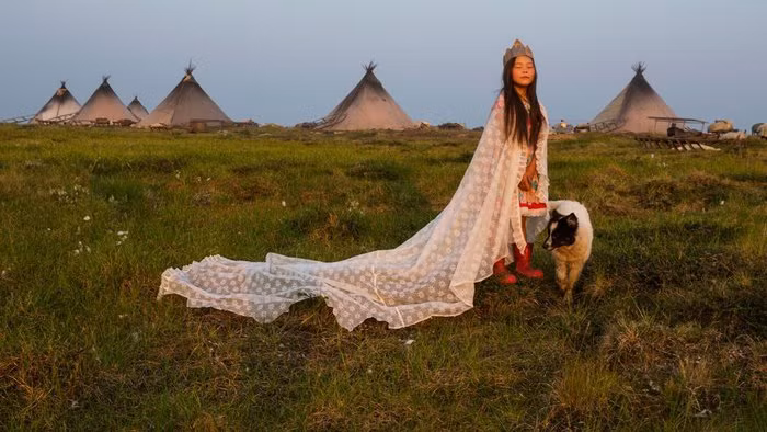 Ảnh chụp tại Nga, 2016. Khoác một tấm màn và đội vương miện bằng bìa cứng, cô bé Kristina Khudi hóa thân thành "công chúa lãnh nguyên" trong khu cắm trại Nenets gần vùng biển Kara. Suốt nhiều thế kỷ, những người chăn nuôi tuần lộc ở Bắc Cực, Nga lại di cư 800 dặm mỗi năm. Nhưng giờ đây, hành trình của họ đối mặt với nhiều trở ngại, ngoài thách thức đến từ tự nhiên là các vùng khí đốt khổng lồ, còn là thách thức của thế giới hiện đại: biến đổi khí hậu.