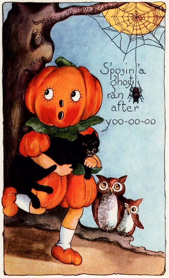 Một tấm thiệp dễ thương với hình ảnh em bé bí ngô sợ hãi vì bị ma đuổi. Ảnh: HubPages.