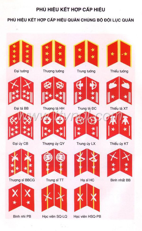 Trong chiến đấu hoặc ở thao trường bãi tập, sĩ quan chiến sĩ thường dùng quân hàm kết hợp cài ở ve áo gọi là quân hàm dã chiến. Loại này gồm cả sao gạch và phù hiệu nên gọi là quân hàm kết hợp. Trong ảnh có một số chữ viết tắt: BB – bộ binh, HH – hóa học, ĐC – đặc công, XT – xe tăng, CB – công binh, QY – quân y, LX – lái xe, KT – kỹ thuật, BBCG – bộ binh cơ giới, TT – thông tin, HC – hậu cần, PB – pháo binh, SQLQ – sĩ quan lục quân, HSQPB – hạ sĩ quan pháo binh.