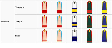 Ở cấp hạ sĩ quan chỉ gồm có 3 bậc là Hạ sĩ, Trung sĩ và Thượng sĩ tương ứng với 1 gạch, 2 gạch và 3 gạch. Riêng hạ sĩ quan Hải quân thì quân hàm dạng vuông cài vào cầu vai áo.