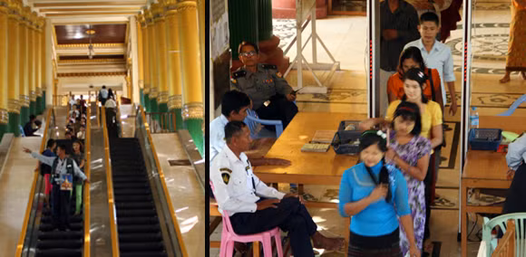 Hệ thống thang máy và cổng từ kiểm soát an ninh được đặt trên cổng chính vào chùa.