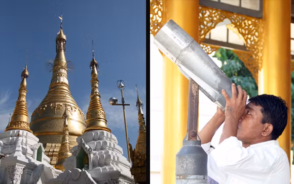 Theo truyền thuyết, ngôi chùa có từ trước khi Phật qua đời, tức cách đây 2500 năm. Nơi đây lưu giữ 4 báu vật thiêng liêng đối với các tín đồ Phật giáo, gồm cây gậy của Phật Câu Lưu Tôn, cái lọc nước của Phật Câu Na Hàm, một mảnh áo của Phật Ca Diếp, và 8 sợi tóc của Phật Thích Ca. Ảnh: Kính viễn vọng để du khách chiêm ngưỡng cận cảnh đỉnh các tòa tháp.