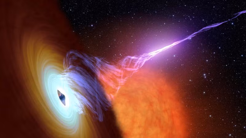 NASA đã công bố một bức ảnh đồ họa cho thấy một hố đen được bao quanh là các vật chất chuyển động theo quỹ đạo và một luồng khí nóng chảy vào bên trong nó, gọi là plasma./.