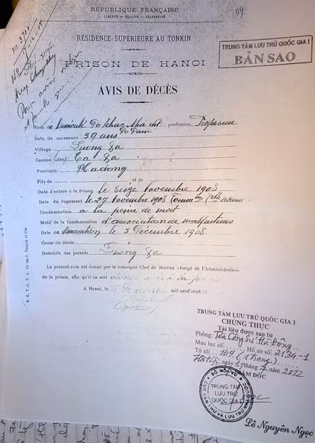 Giấy báo tử của Phủ thống sứ Bắc Kỳ.