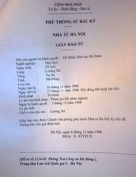 Bản dịch Giấy báo tử của Phủ thống sứ Bắc Kỳ.