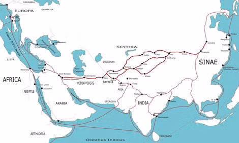 Bản đồ mô tả con đường tơ lụa trên bộ và trên biển. Tại Việt Nam, các thương thuyền có thể cập bến hoặc xuất phát ở Luy Lâu, Hà Nội, Vân Đồn, Phố Hiến, Hội An, Cù Lao Chàm, Vijaya (Thị Nại), Óc Eo (vương quốc cổ Phù Nam).