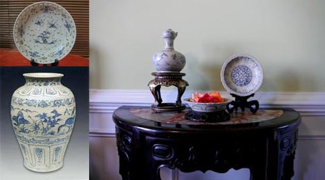 Bình gốm hoa lam vẽ Thiên Nga, Kendi và đĩa được tìm thấy trong lòng con tàu cổ Cù Lao Chàm.